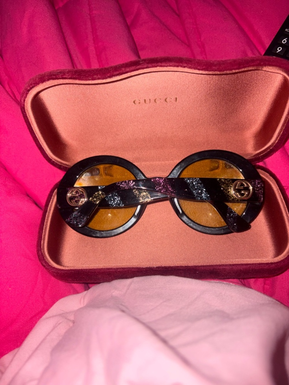 Gucci Black Glitter Round Sunglasses with Brown Lenses and Gold Logo